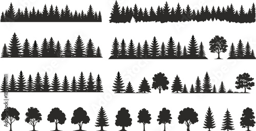 Set of forest tree silhouette vector illustrations, black pine and oak trees collection, natural woodland border landscape design, evergreen forest background art elements