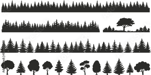 Set of forest tree silhouette vector illustrations, black pine and oak trees collection, nature landscape elements, evergreen woodland border design, natural background art