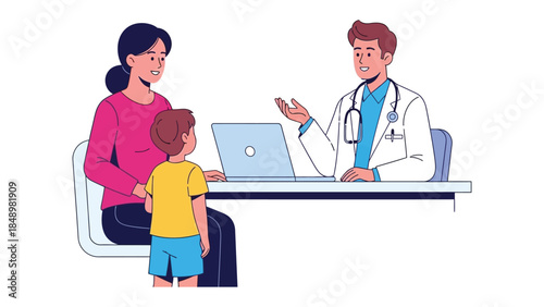 Medical Consultation: A heartwarming moment unfolds as a dedicated doctor engages in a consultation with a mother and her child, fostering trust and care in a medical setting.