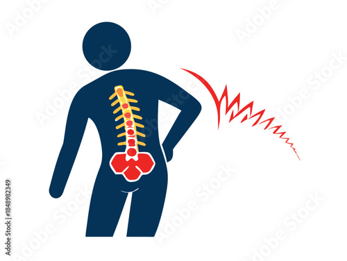 Back pain vector icon of human silhouette with spine ache. Medical illustration of lower back injury, sciatica, or posture problem. Backbone and skeleton concept for health. vector icon