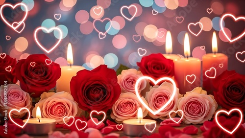 Romantic Valentine's Day celebration with love, roses, and heart-shaped decorations, surrounded by candles