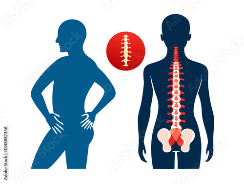 Back pain vector icon of human silhouette with spine ache. Medical illustration of lower back injury, sciatica, or posture problem. Backbone and skeleton concept for health. vector icon