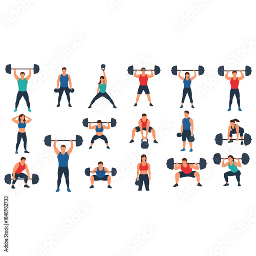 Group of weightlifters performing overhead lifts.