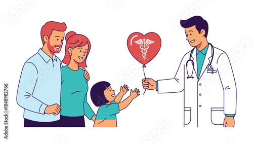 A Gift of Health: A family and a caring physician, symbolizing the core values of wellness and healthcare. A doctor gives health balloon to the child.