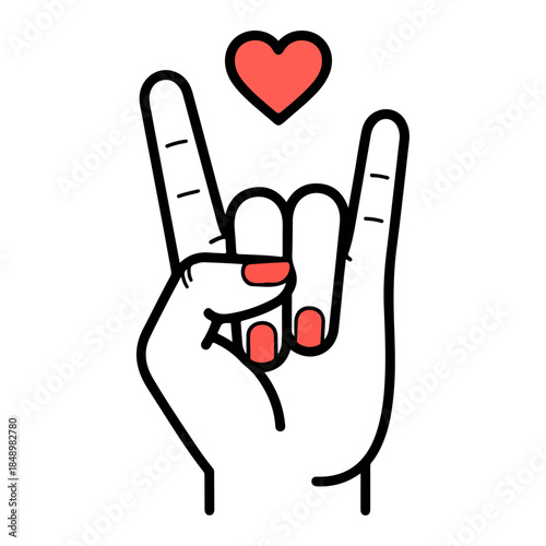 Hand Rock On Gesture With Heart Symbol.
