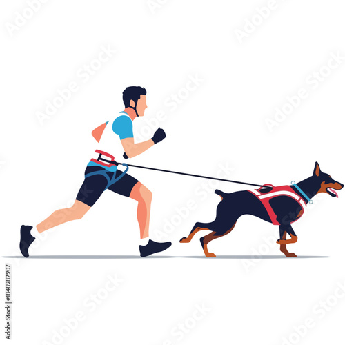 Man Running With A Dog On Leash In Action.