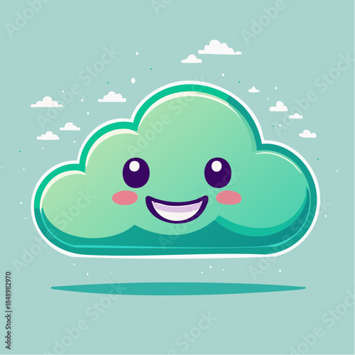 Cute cartoon cloud with a happy face, set against a light blue background with small clouds.