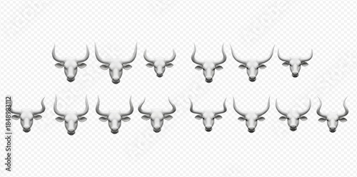 Set of vector illustrations of bull skulls with horns on transparent background.