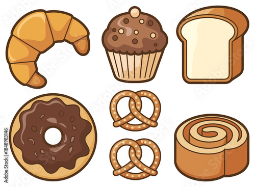Assorted chocolate and plain pastries breads croissant pretzels donut cupcake