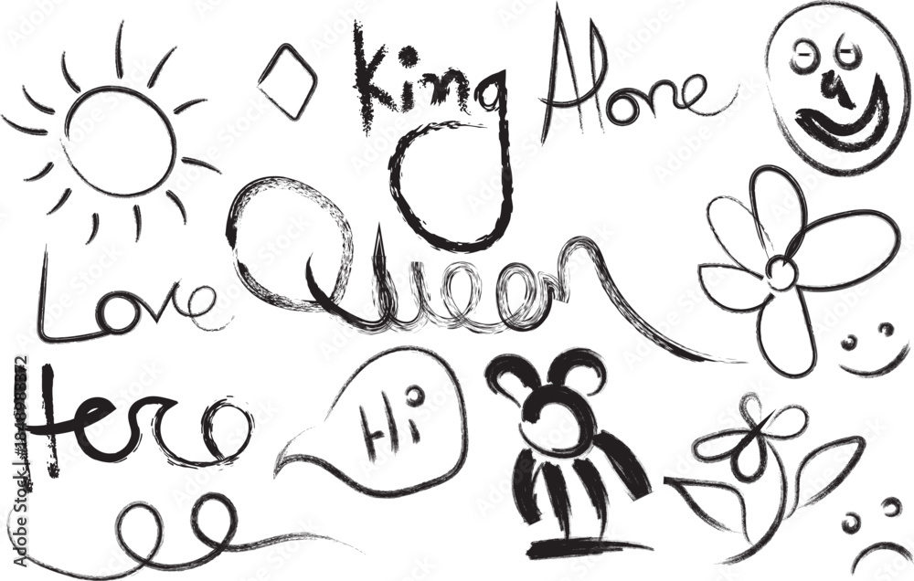 Naklejka premium Hand Drawn Hearts and Exclamation Doodle Set