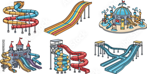 Colorful water park slide illustration set with spiral straight multi lane and castle aqua attractions summer fun amusement park vector design