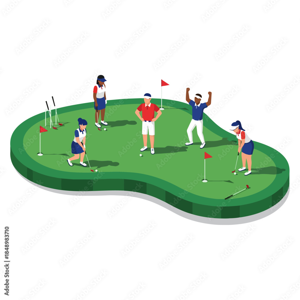 Fototapeta premium Group of People Playing Miniature Golf on Green Island.