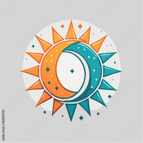 Stylized sun and moon illustration with orange and blue colors on a light gray background.