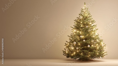 Elegant Christmas tree adorned with soft white lights and minimal ornaments, positioned off-center to create generous copy space, warm neutral background