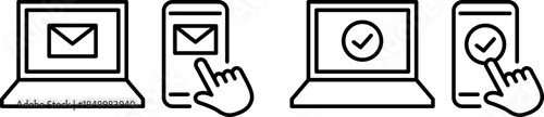 スマートフォンとノートパソコンのアイコン。メール、イーメール、承認。（Smartphone and laptop icons. Mail, email, approval.）
