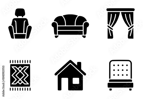 Black home and furniture set isolated white background symbol pictogram