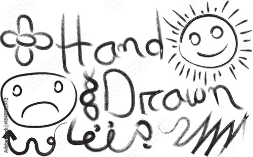 Hand Drawn Hearts and Exclamation Doodle Set