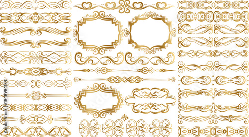 Collection of ornate antique gold baroque decorative elements and vintage victorian scrollwork dividers for design