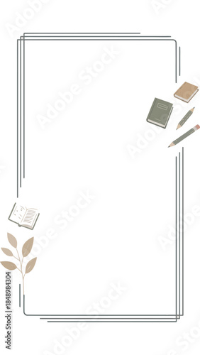 Framed Study Corner: A minimalist composition, a blank frame with an open book, a stack of books, a pen and a pencil with a small plant to set your imagination free, evoking a sense of tranquility.