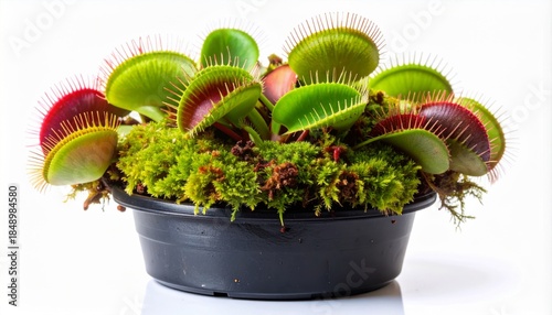 Venus Flytrap Plant in Black Pot Surrounded by Moss on White Background