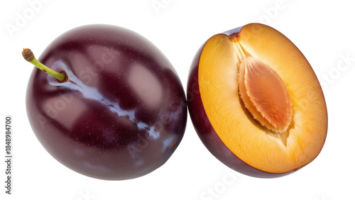 Fotografía Isolated ripe plums halved and whole close-up, healthy seasonal purple fruit, fr