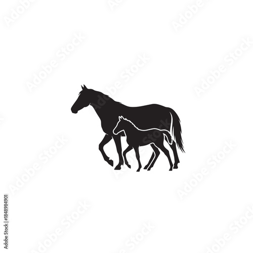 Black Silhouette of Mare and Foal Walking Together Isolated on White
