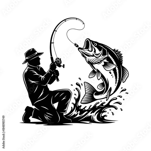 Man Fishing with Large Catch Illustration.
