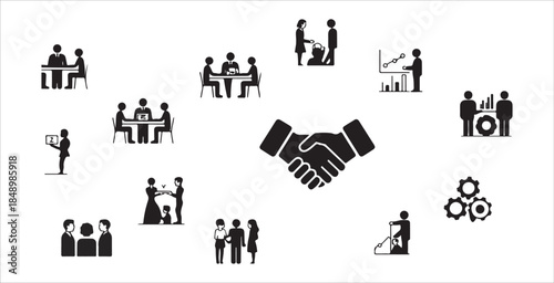 Business partnership icons set illustrating various meetings, negotiations, and corporate interactions