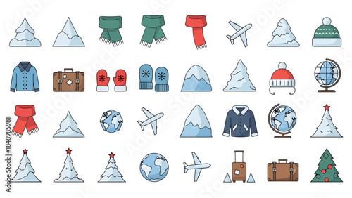 Winter Adventure Scene with Snowy Mountains and Activities