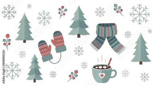 Winter Holiday Scene with Pine Trees Mittens Scarf Coffee Cup and Snowflakes