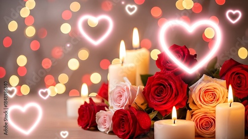 A romantic Valentine's Day scene with roses, candles, and heart-shaped decorations creating a warm and loving atmosphere.