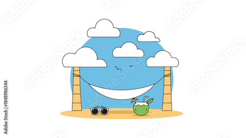 Happy child playing on a swing with a smiley face hanging from a tree in a park