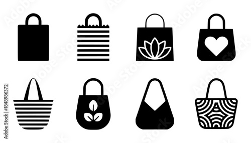 Striped and patterned black and white tote bag isolated white background shopping symbol