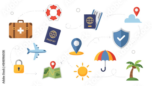 Collection of Travel and Safety Icons for Adventure and Navigation