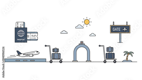 Modern Airport Terminal with Check in Counters Security Scanners and Passenger Seating Areas