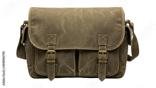 Vászonkép Isolated khaki waxed canvas shoulder bag with adjustable buckles, convenient and