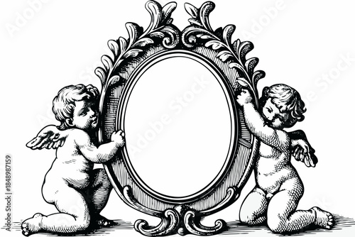 An ornate frame held by two cherubic figures in a vintage style