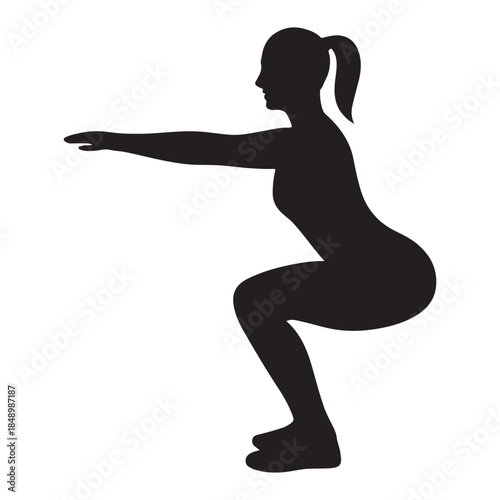 Silhouette of a fit woman performing a deep squat exercise, promoting fitness and health