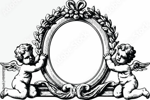 Bild auf Leinwand Vintage ornate frame with cherubs and floral decorations black and white illustr