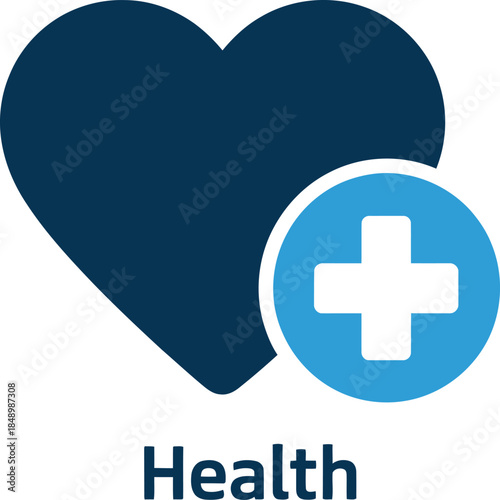 A simple medical icon featuring a dark blue heart and a healthcare cross symbol