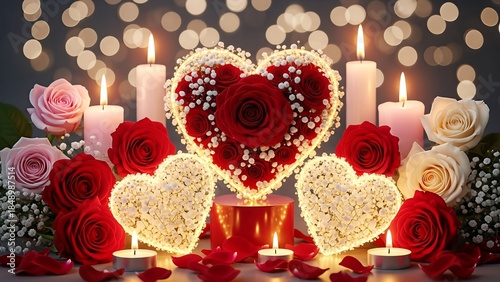Romantic Valentine's Day Gift with Heart-Shaped Roses and Candles
