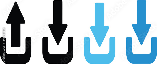 A set of four arrow icons depicting upload and download processes with varying shades of blue and black