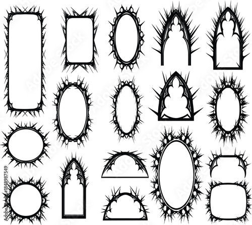 A collection of ornate spiky black frames in various geometric shapes including rectangles ovals and arches