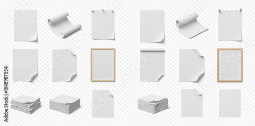 Set of white paper sheets with curled corners, torn edges, and stacks on a transparent background.