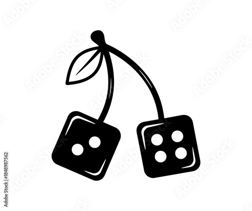 Dice looking like cherries vector illustration. Creative gambling and luck concept icon. Black and white retro tattoo style symbol. For t shirt, card, sticker, poster, banner