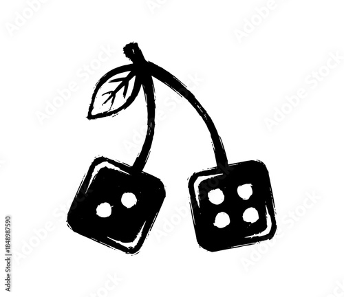 Hand drawn artistic sketch of cherries shaped like dice. Black and white grunge brush drawing of dice looking like cherries.