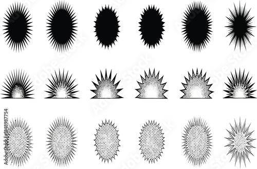 An arrangement of various black and white sketched oval and circular shapes with differing textures and patterns