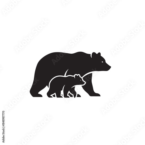 Mother Bear Walking with Cub Silhouette Isolated on White