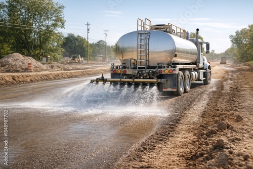 A large water truck sprays moisture on a gravel road during construction, ensuring the surface is properly prepared for paving.