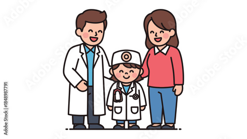 Dream Job: A charming illustration depicts a family portrait, where a child dressed in a doctor's attire is the center of attention. Together with his parents, this artwork emphasizes dreams.